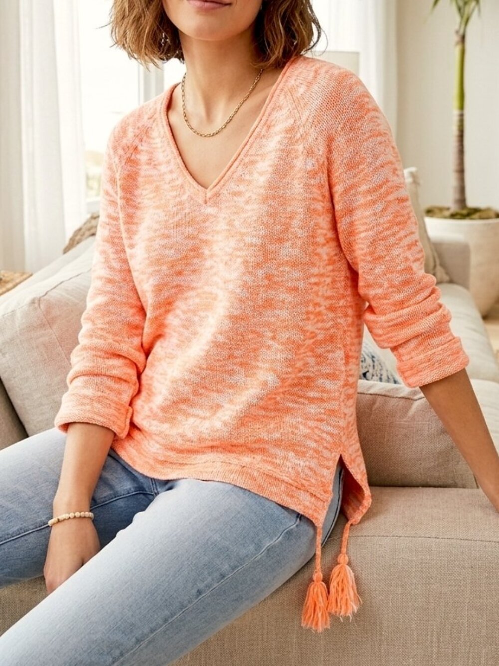 Lilly Pulitzer Orange/White Heathered Knit V-Neck Sweater sz M